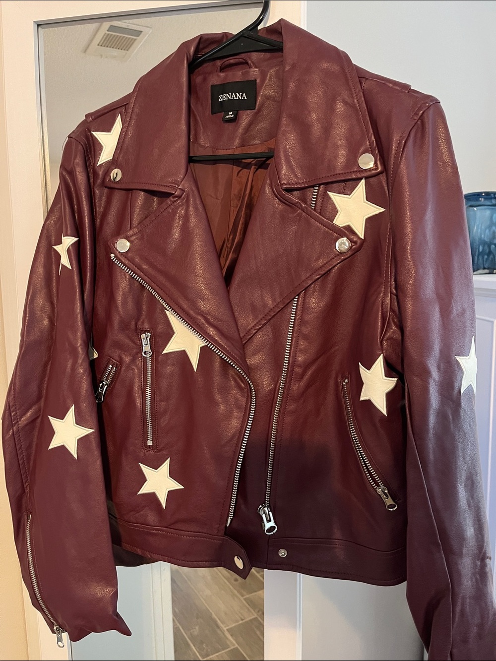 Zenana Outfitters Maroon Faux Leather Star Accent Moto Jacket